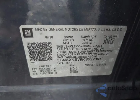 2019 Chevrolet Equinox Lt z USA, uszkodzony, nr VIN 3GNAXKEV9KS522001